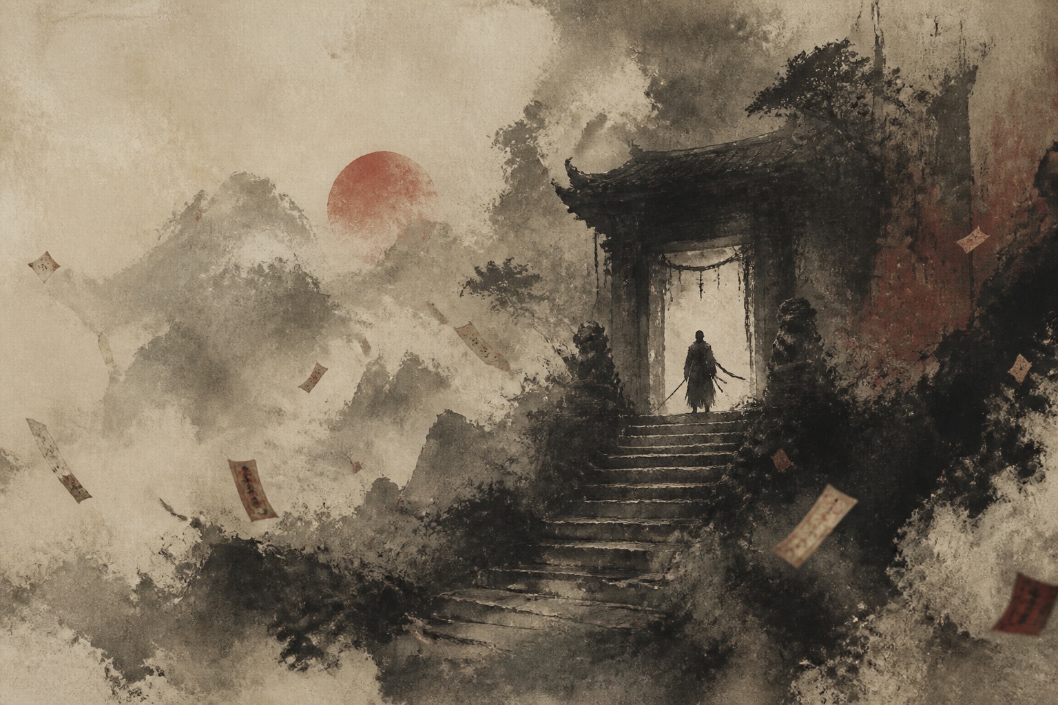 Original ink-wash illustration of an anonymous guardian at a mountain shrine